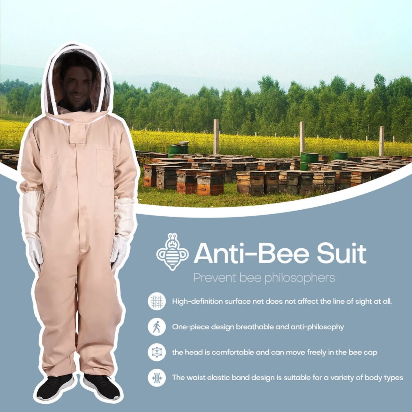 Full Body Ventilated Beekeeping Suit w/Veil Hood Gloves