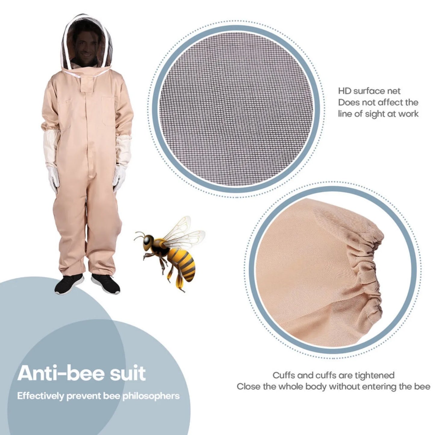 Full Body Ventilated Beekeeping Suit w/Veil Hood Gloves