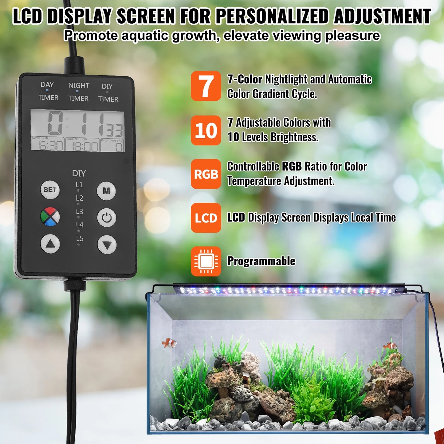 Aquarium Light with LCD Monitor Adjustable Brightness & Timer