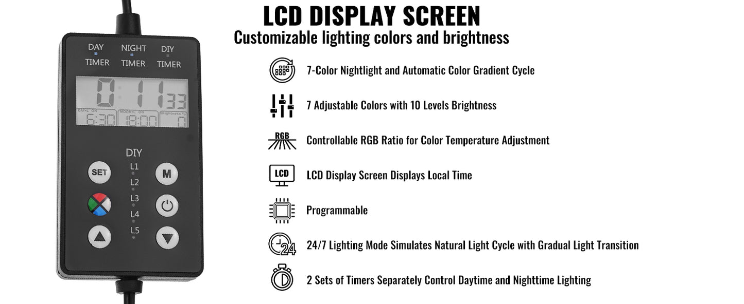 Aquarium Light with LCD Monitor Adjustable Brightness & Timer